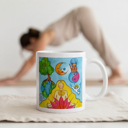 Woman sitting in meditation on a red lotus flower, symbolizing growth, strength and spiritual awakening, peaceful mindfulness artwork on a coffee mug.  The mug is in front of a woman doing the yoga posture downward facing dog. 
