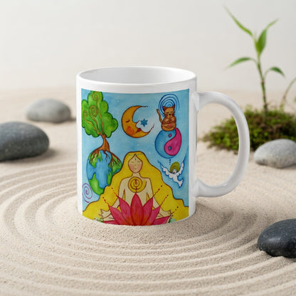 Woman sitting in meditation on a red lotus flower, symbolizing growth, strength and spiritual awakening, peaceful mindfulness artwork on a coffee mug. The mug is in a beautifully raked zen garden with bushes and plants behind it.