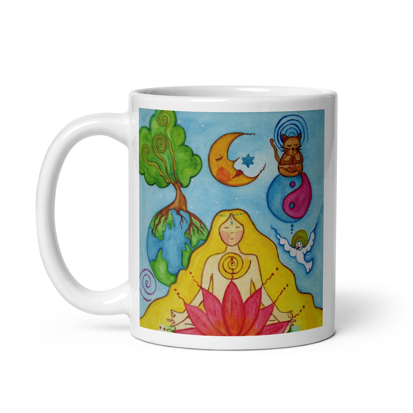 Woman sitting in meditation on a red lotus flower, symbolizing growth, strength and spiritual awakening, peaceful mindfulness artwork on a coffee mug. This illustration is on both sides of the mug. In this image the handle of the mug is on the left side. 