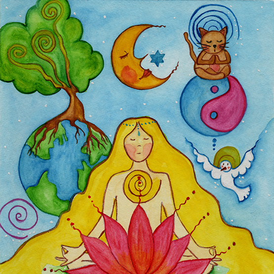 Woman sitting in meditation on a red lotus flower, symbolizing growth, strength and spiritual awakening, peaceful mindfulness artwork on a coffee mug.  This is a print of the original illustration by Brazilian artist Thaís Suizo.