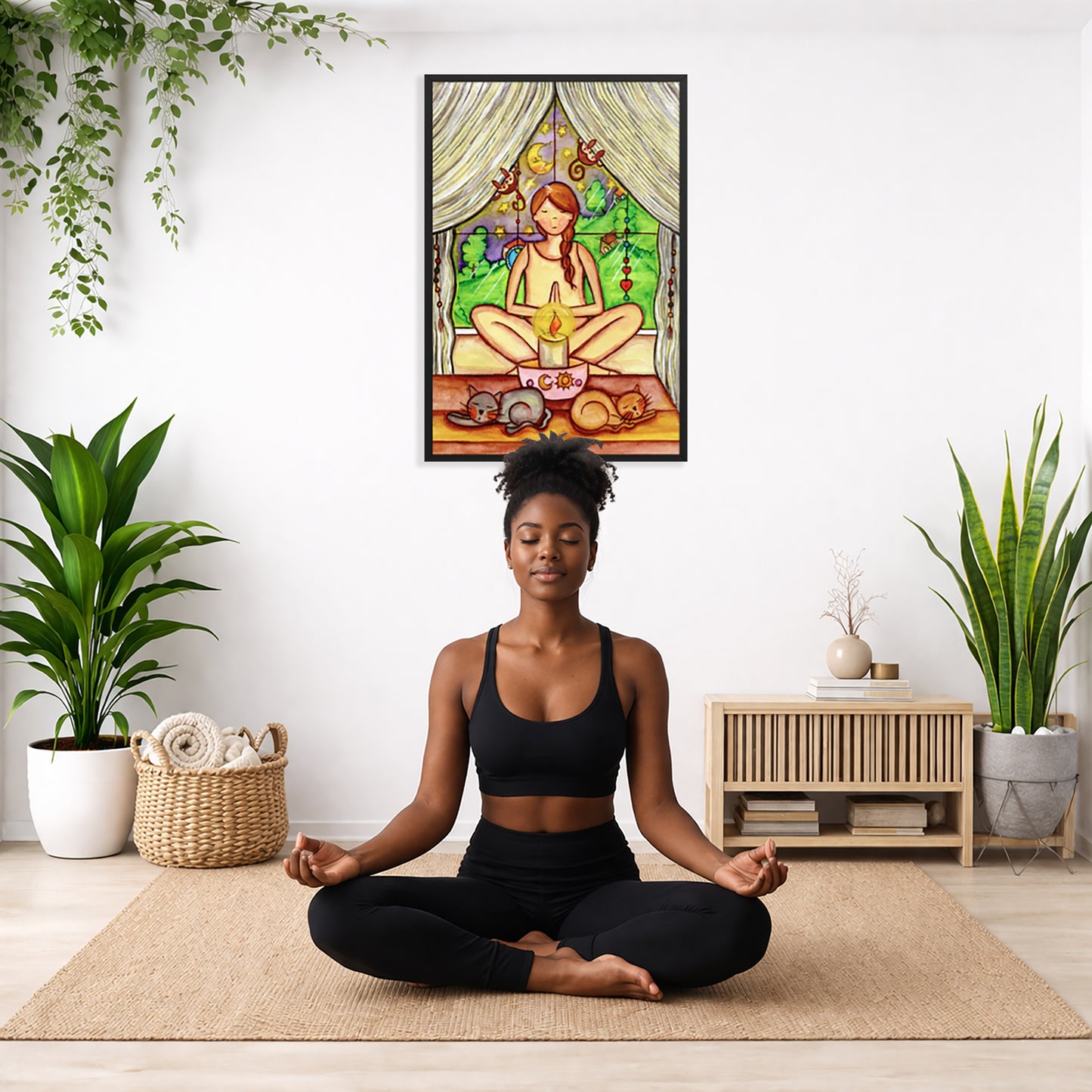 Woman mediating on candlelight framed poster. This is a print of the original hand-painted watercolor by Brazilian artist Thaís Suizo for the LET'S MEDITATE SERIES of mediation guides. The poster is in the center of the living room wall. There is a woman meditating facing away from the wall. Behind her is a coffee table with incense and a Buddha statue. There are potted plants on the right and left side of the background.
