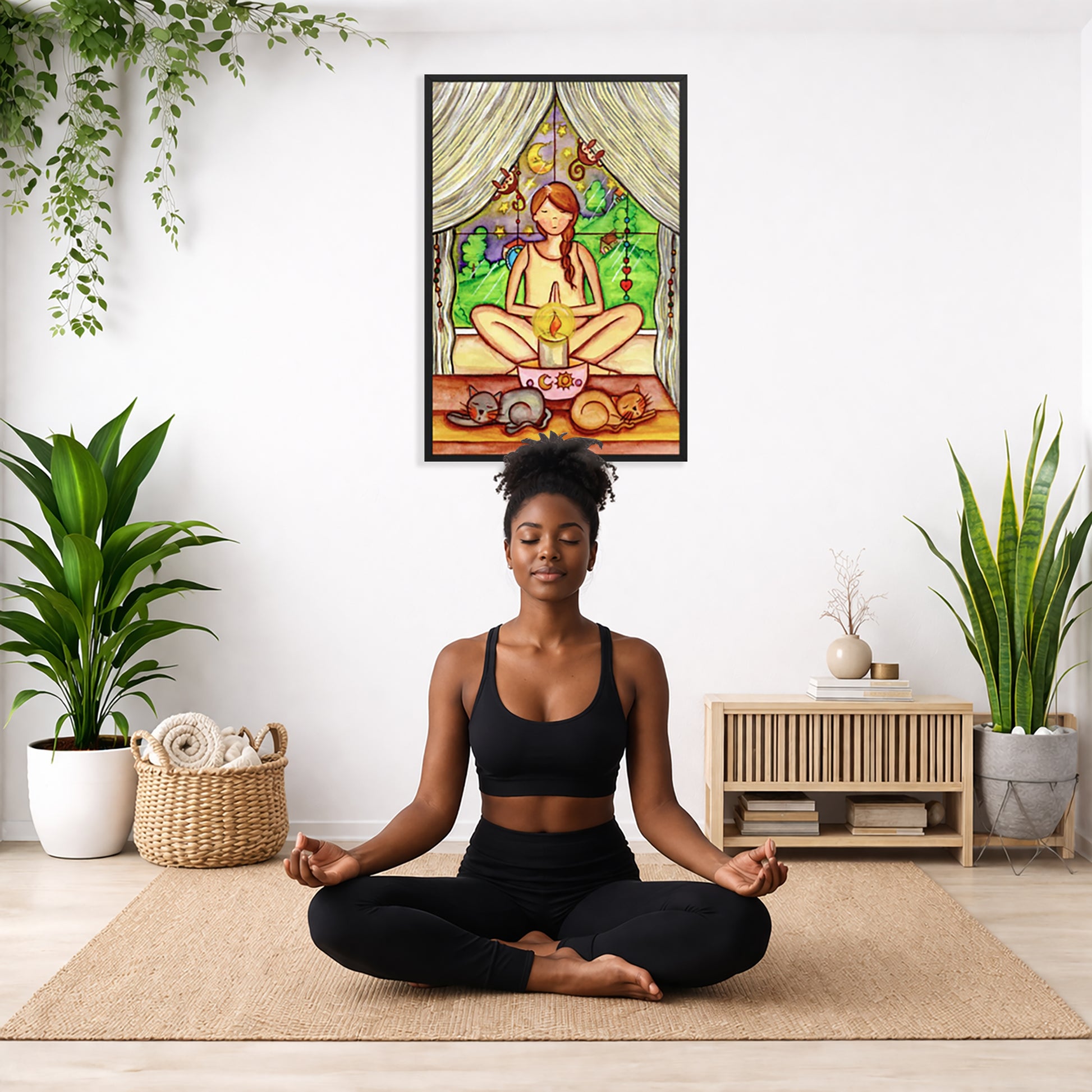 Woman mediating on candlelight framed poster. This is a print of the original hand-painted watercolor by Brazilian artist Thaís Suizo for the LET'S MEDITATE SERIES of mediation guides. The poster is in the center of the living room wall. There is a woman meditating facing away from the wall. Behind her is a coffee table with incense and a Buddha statue. There are potted plants on the right and left side of the background.
