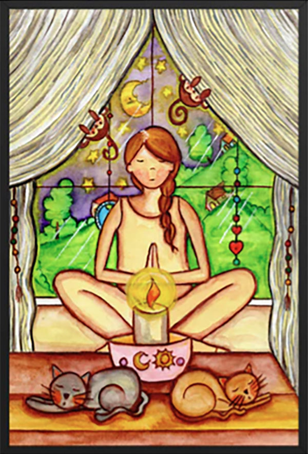 Woman mediating on candlelight framed poster. This is a print of the original hand-painted watercolor by Brazilian artist Thaís Suizo for the LET'S MEDITATE SERIES of mediation guides.