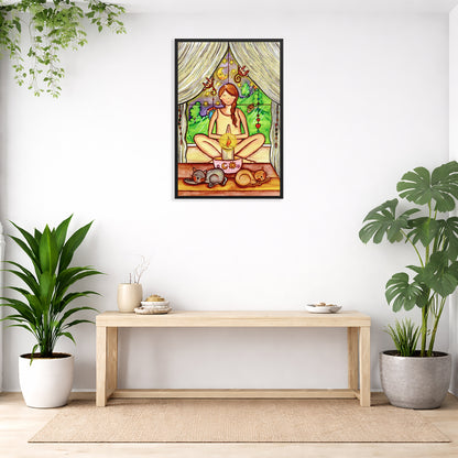 Woman mediating on candlelight framed poster. This is a print of the original hand-painted watercolor by Brazilian artist Thaís Suizo for the LET'S MEDITATE SERIES of mediation guides. The poster is in the center of the living room wall. Below the poster is a bench. On the bench is burning incense and a couple of bowls. There is a green potted plant on both the left and right side of the bench. There is a hanging plant on the left.
