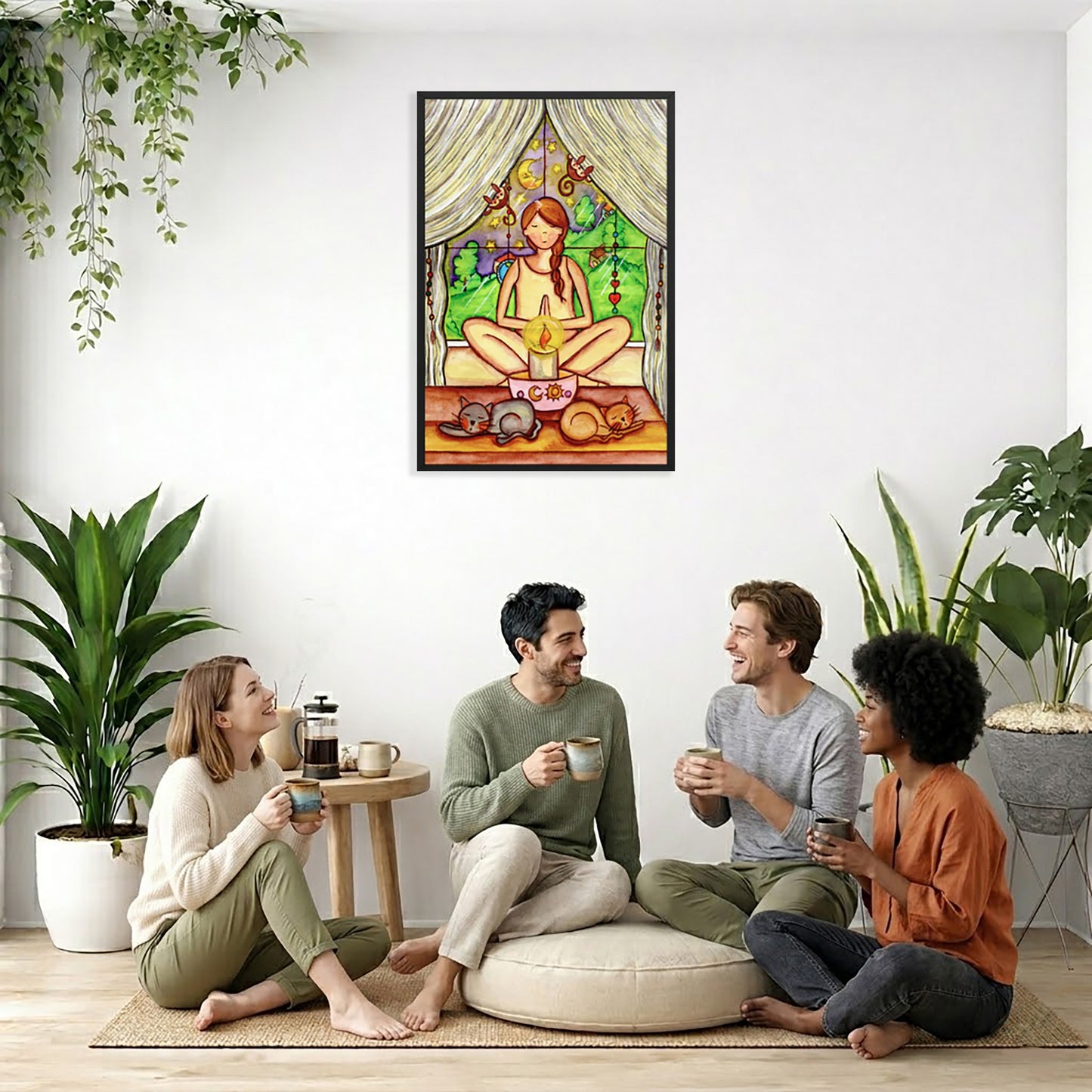 Woman mediating on candlelight framed poster. This is a print of the original hand-painted watercolor by Brazilian artist Thaís Suizo for the LET'S MEDITATE SERIES of mediation guides. The poster is in the center of the living room wall. Four friends are sitting on the living room carpet below the poster. They are drinking coffee. To the left is a green floor plant and a hanging green plant. To the right of them is a green floor plant.
