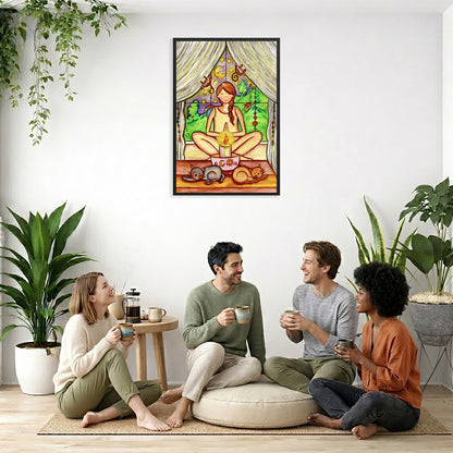 Woman mediating on candlelight framed poster. This is a print of the original hand-painted watercolor by Brazilian artist Thaís Suizo for the LET'S MEDITATE SERIES of mediation guides. The poster is in the center of the living room wall. Four friends are sitting on the living room carpet below the poster. They are drinking coffee. To the left is a green floor plant and a hanging green plant. To the right of them is a green floor plant.
