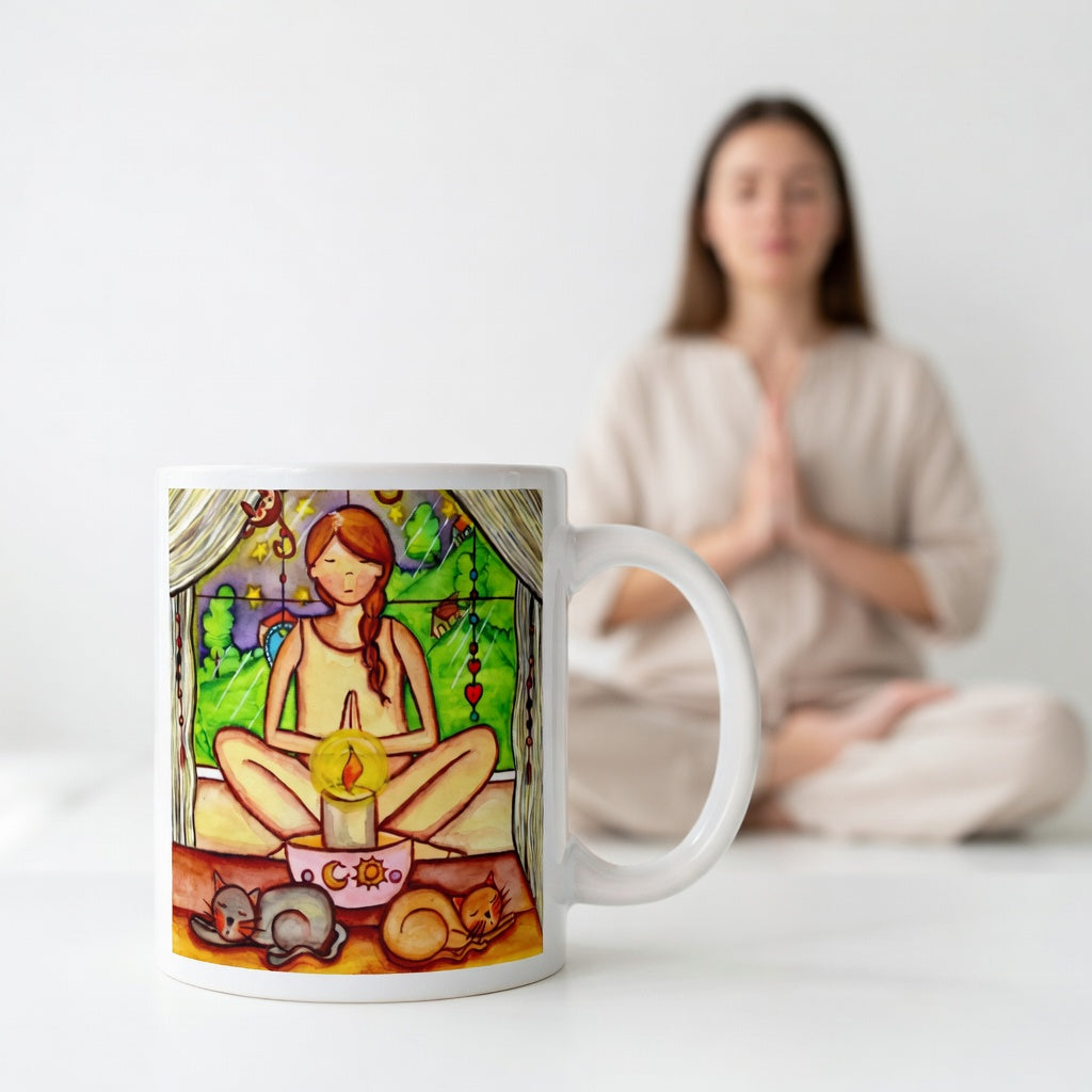 Candlelight trataka meditation design on mindfulness mug. Two cats are sleeping in front of the lady as she meditates. A woman is meditating in the background.