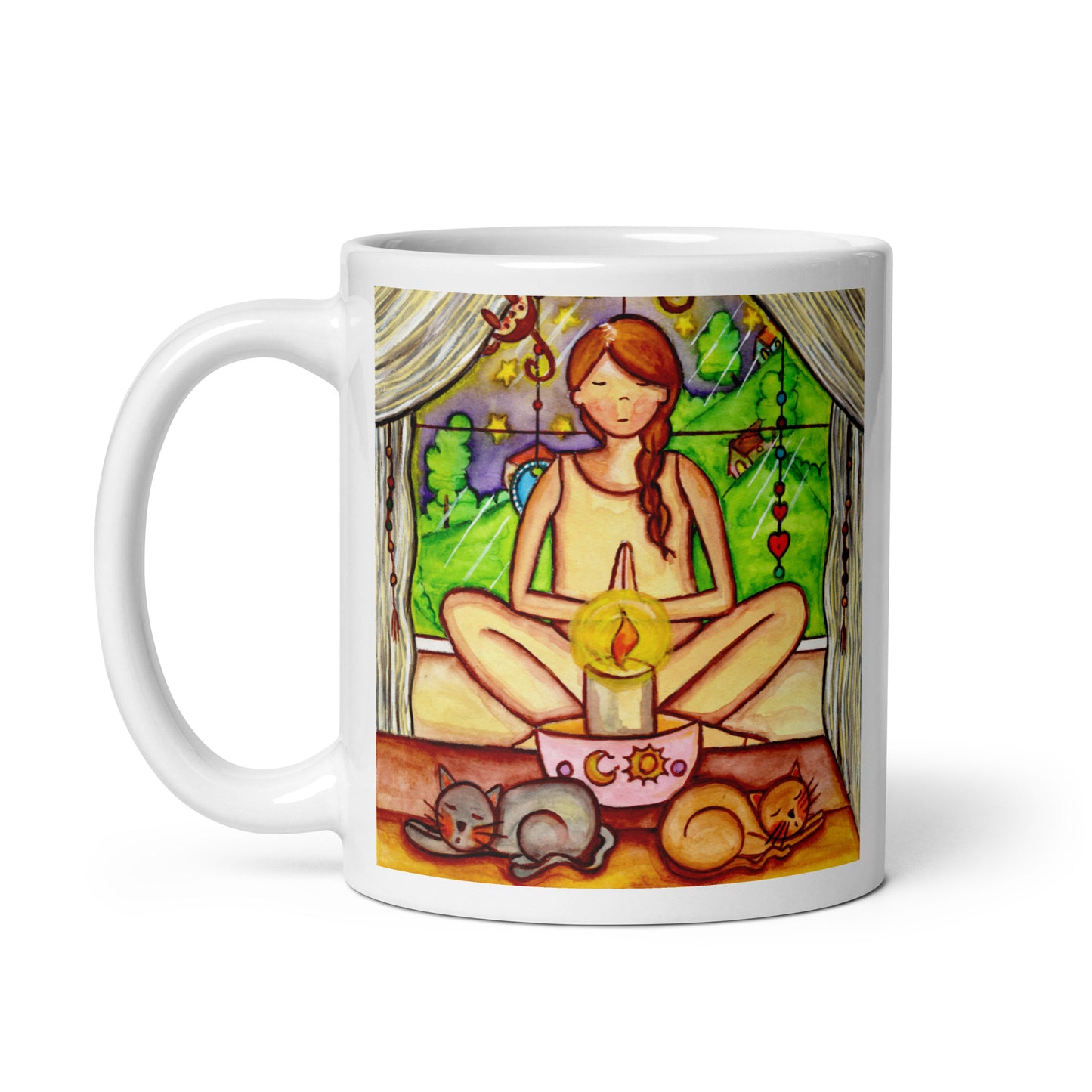 Candlelight trataka meditation design on mindfulness mug. Two cats are sleeping in front of the lady as she meditates. This illustration is on both sides of the mug. In this image the handle of the mug is on the left side.