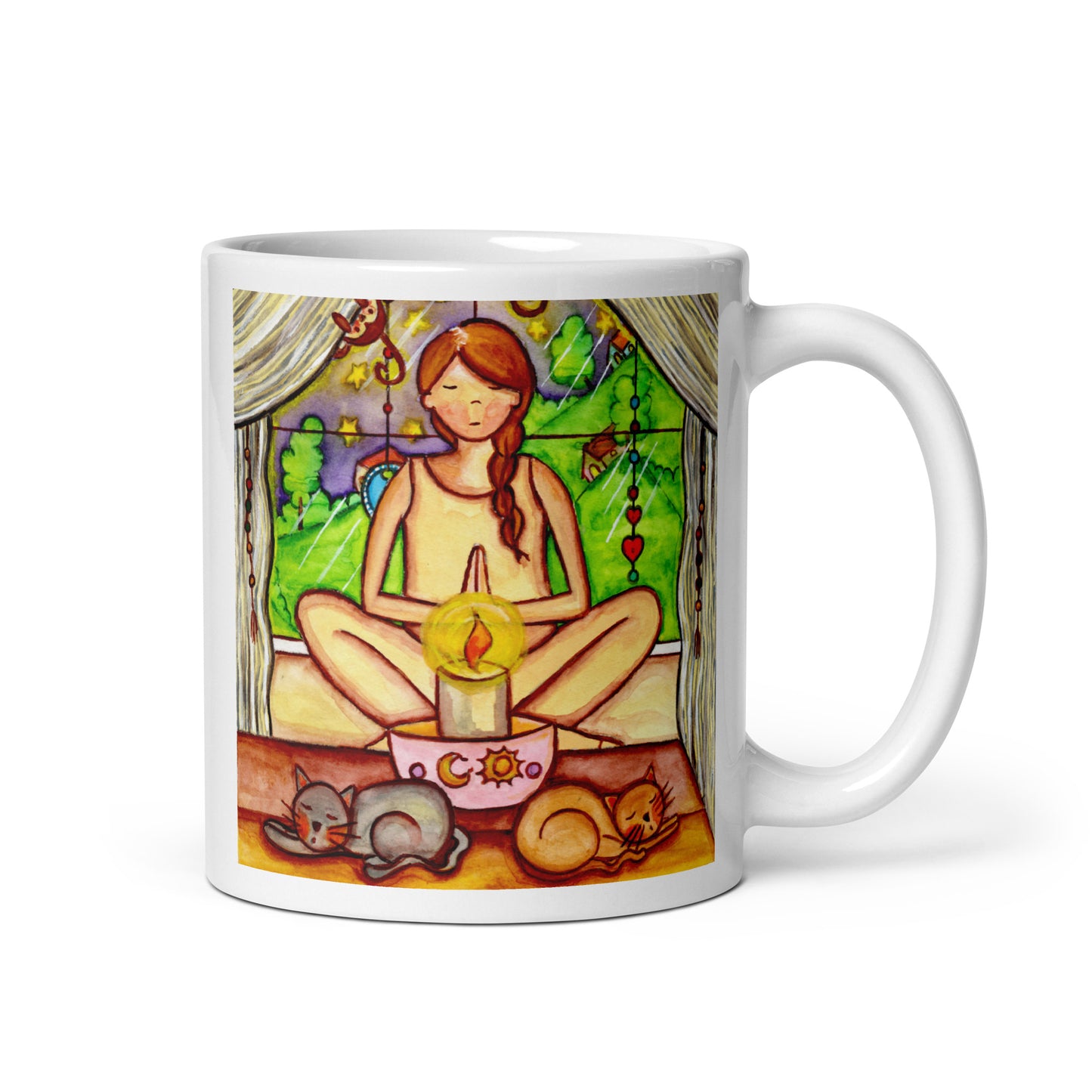 Candlelight trataka meditation design on mindfulness mug. Two cats are sleeping in front of the lady as she meditates. This illustration is on both sides of the mug. In this image the handle of the mug is on the right side.