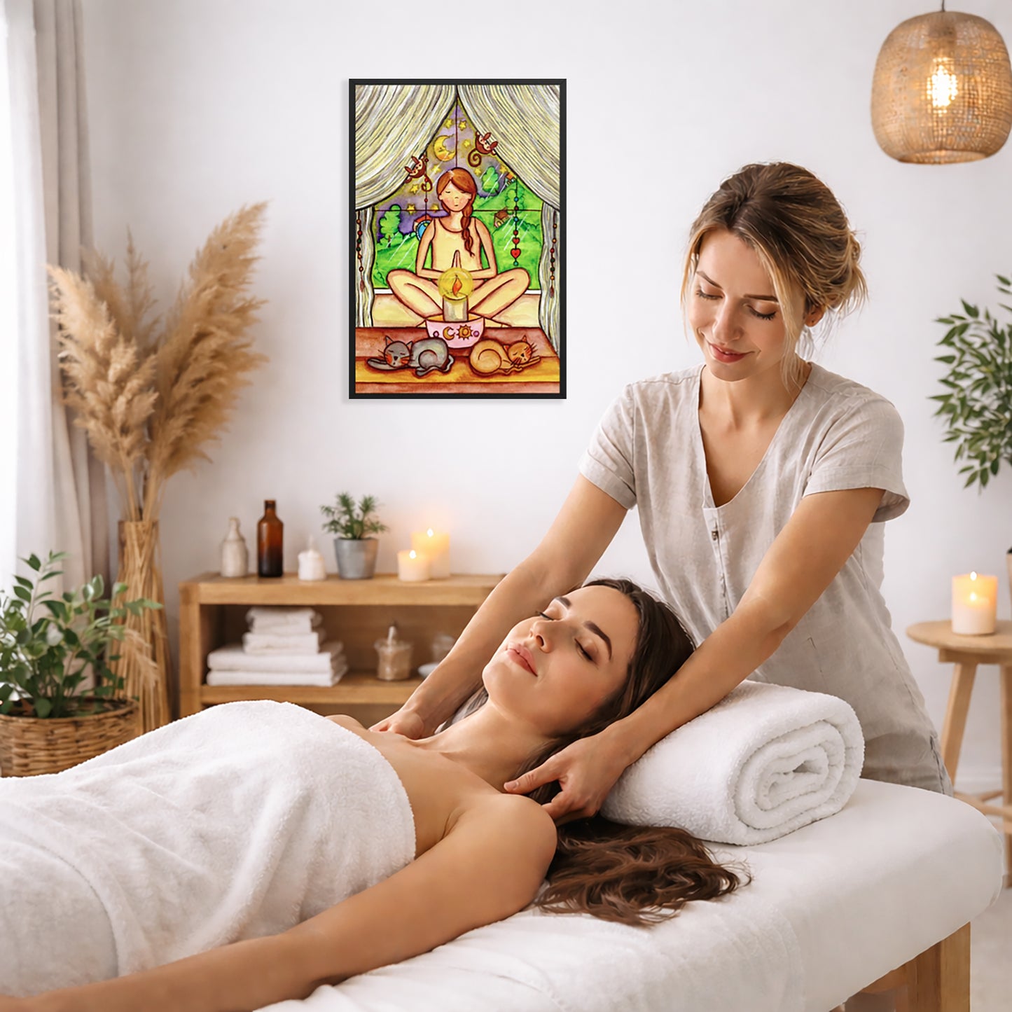 Woman mediating on candlelight framed poster. This is a print of the original hand-painted watercolor by Brazilian artist Thaís Suizo for the LET'S MEDITATE SERIES of mediation guides.  The poster is on the wall of the office of a massage therapist. The therapist is giving her female client a massage. The client is lying face up on a massage table wearing a white towel. To the left is a window, floor plant and large vase of dry flora. A shelf is underneath the poster with candles burning.  