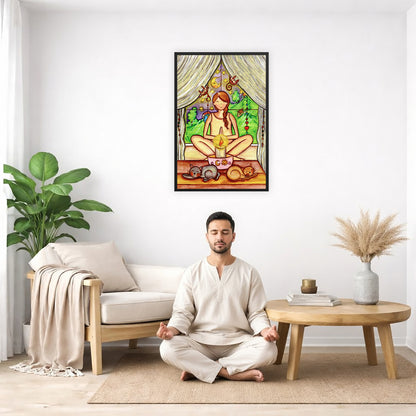 Woman mediating on candlelight framed poster. This is a print of the original hand-painted watercolor by Brazilian artist Thaís Suizo for the LET'S MEDITATE SERIES of mediation guides. The poster is in the center of the living room wall. There is a man meditating facing away from the wall. Behind him is a coffee table with incense and a Buddha statue. There are potted plants on the right and left side of the background.
