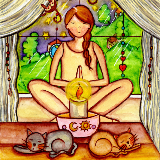 Woman mediating on candlelight framed poster. This is a thumbnail of the original hand-painted watercolor by Brazilian artist Thaís Suizo for the LET'S MEDITATE SERIES of mediation guides.