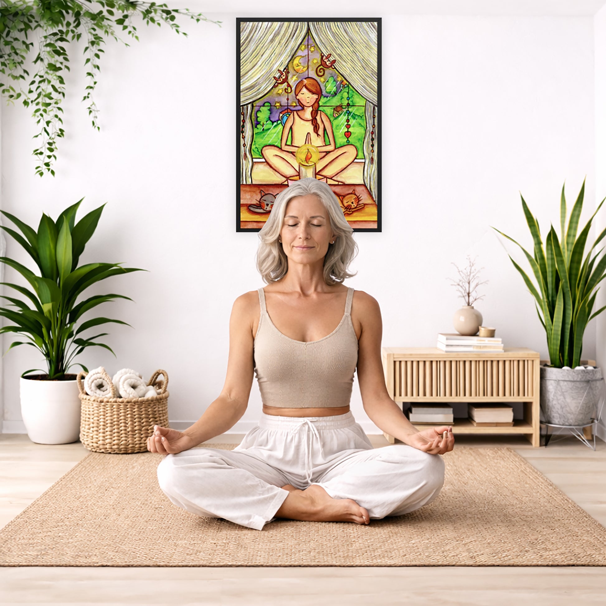 Woman mediating on candlelight framed poster. This is a print of the original hand-painted watercolor by Brazilian artist Thaís Suizo for the LET'S MEDITATE SERIES of mediation guides. The poster is framed hanging on a living room wall. A woman is mediating facing the poster. There is a coffee table in front of her with burning candles and a Buddha statue. There are green potted plants on each side of the room.
