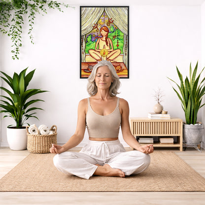 Woman mediating on candlelight framed poster. This is a print of the original hand-painted watercolor by Brazilian artist Thaís Suizo for the LET'S MEDITATE SERIES of mediation guides. The poster is framed hanging on a living room wall. A woman is mediating facing the poster. There is a coffee table in front of her with burning candles and a Buddha statue. There are green potted plants on each side of the room.
