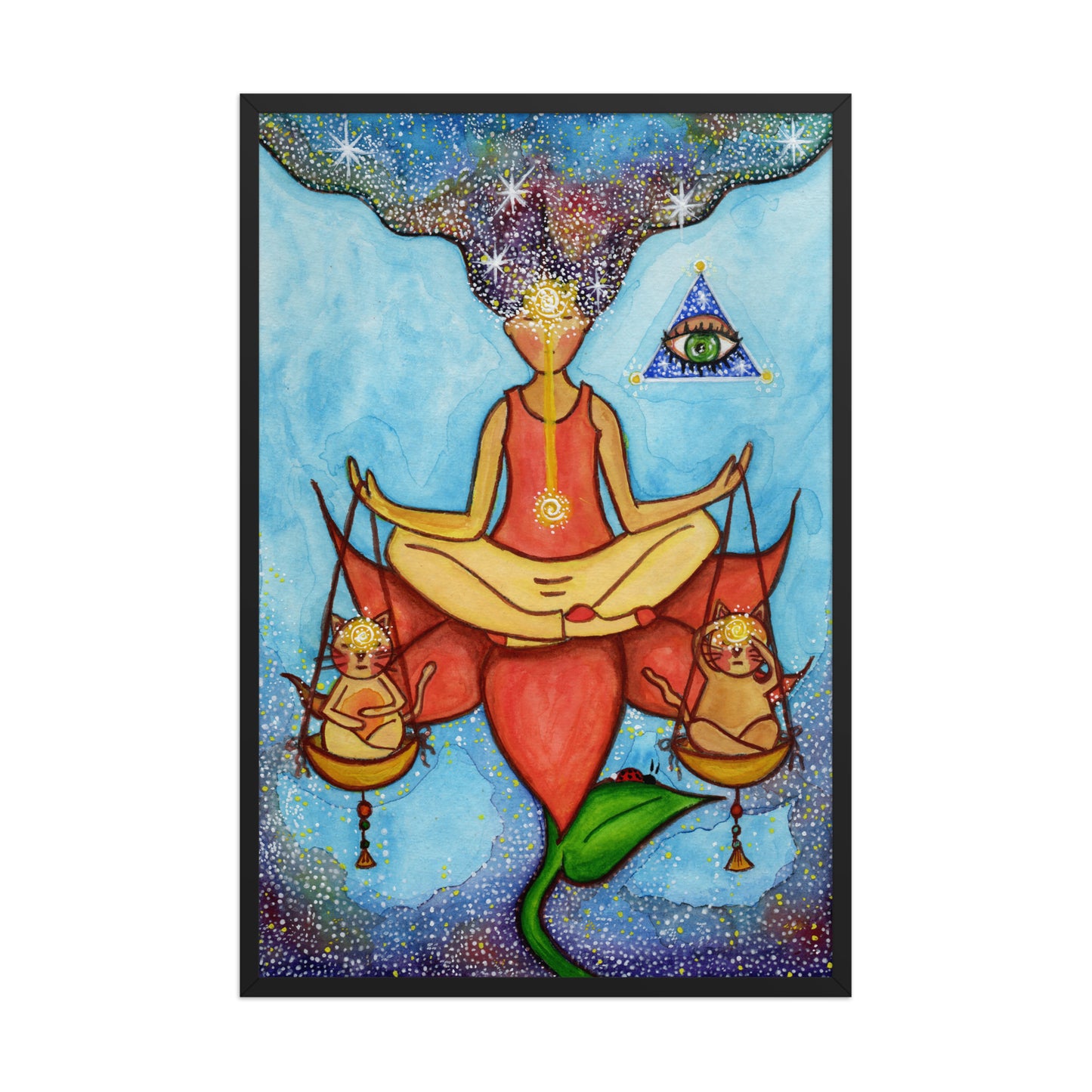 Framed poster of a woman sitting on a lotus with a glowing brow chakra holding a large set of scales.  This is a print of the original hand-painted watercolor by Brazilian artist Thaís Suizo for the LET'S MEDITATE SERIES of mediation guides.  