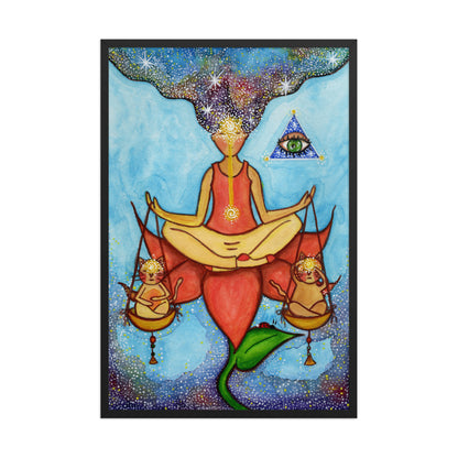 Framed poster of a woman sitting on a lotus with a glowing brow chakra holding a large set of scales.  This is a print of the original hand-painted watercolor by Brazilian artist Thaís Suizo for the LET'S MEDITATE SERIES of mediation guides.  