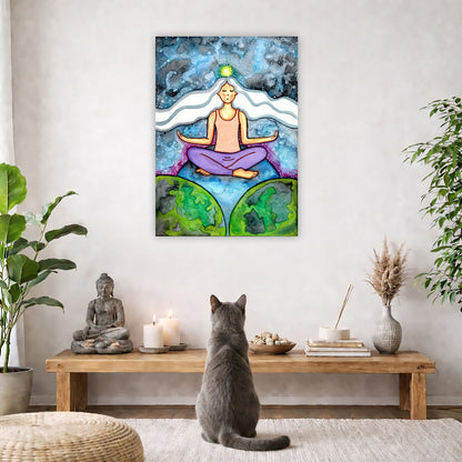 Woman with crown chakra glowing canvas poster. She is sitting on top of the world.  The poster is in the center of the living room wall. A gray cat is facing the poster. In front of it is a coffee table with a Buddha statue and burning candle on the left and incense and an orange cat staring at the poster on the right. There is a green potted plant on both the left and right side of the coffee table.