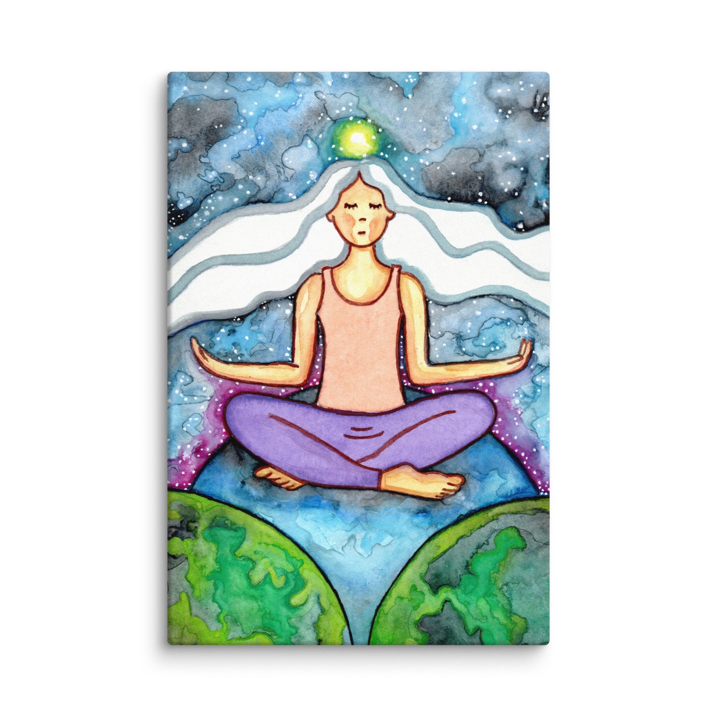 Woman with crown chakra glowing canvas poster. She is sitting on top of the world.  