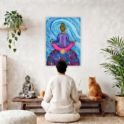 Canvas of a woman meditating with her root chakra glowing. This is a print of the original hand-painted watercolor by Brazilian artist Thaís Suizo for the LET'S MEDITATE SERIES of mediation guides.  The poster is in the center of the living room wall. A woman and a cat are staring up at the poster. There is a potted plant on the left side and a cabinet with a Buddha statue, books and incense on the right side.