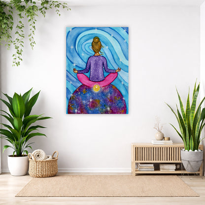 Canvas of a woman meditating with her root chakra glowing. This is a print of the original hand-painted watercolor by Brazilian artist Thaís Suizo for the LET'S MEDITATE SERIES of mediation guides.  The poster is in the center of the living room wall. Below the poster is a en empty shelf and below are a variety of green potted plants including a few cactus.
