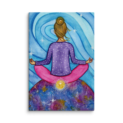 Canvas of a woman meditating with her root chakra glowing. This is a print of the original hand-painted watercolor by Brazilian artist Thaís Suizo for the LET'S MEDITATE SERIES of mediation guides. 