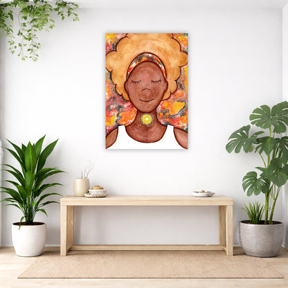 Woman's throat chakra energy glowing canvas. This is a print of the original hand-painted watercolor by Brazilian artist Thaís Suizo from the LET'S MEDITATE SERIES of mediation guides. The poster is in the center of the living room wall. Below the poster is a bench. On the bench is burning incense and a couple of bowls. There is a green potted plant on both the left and right side of the bench. There is a hanging plant on the left.
