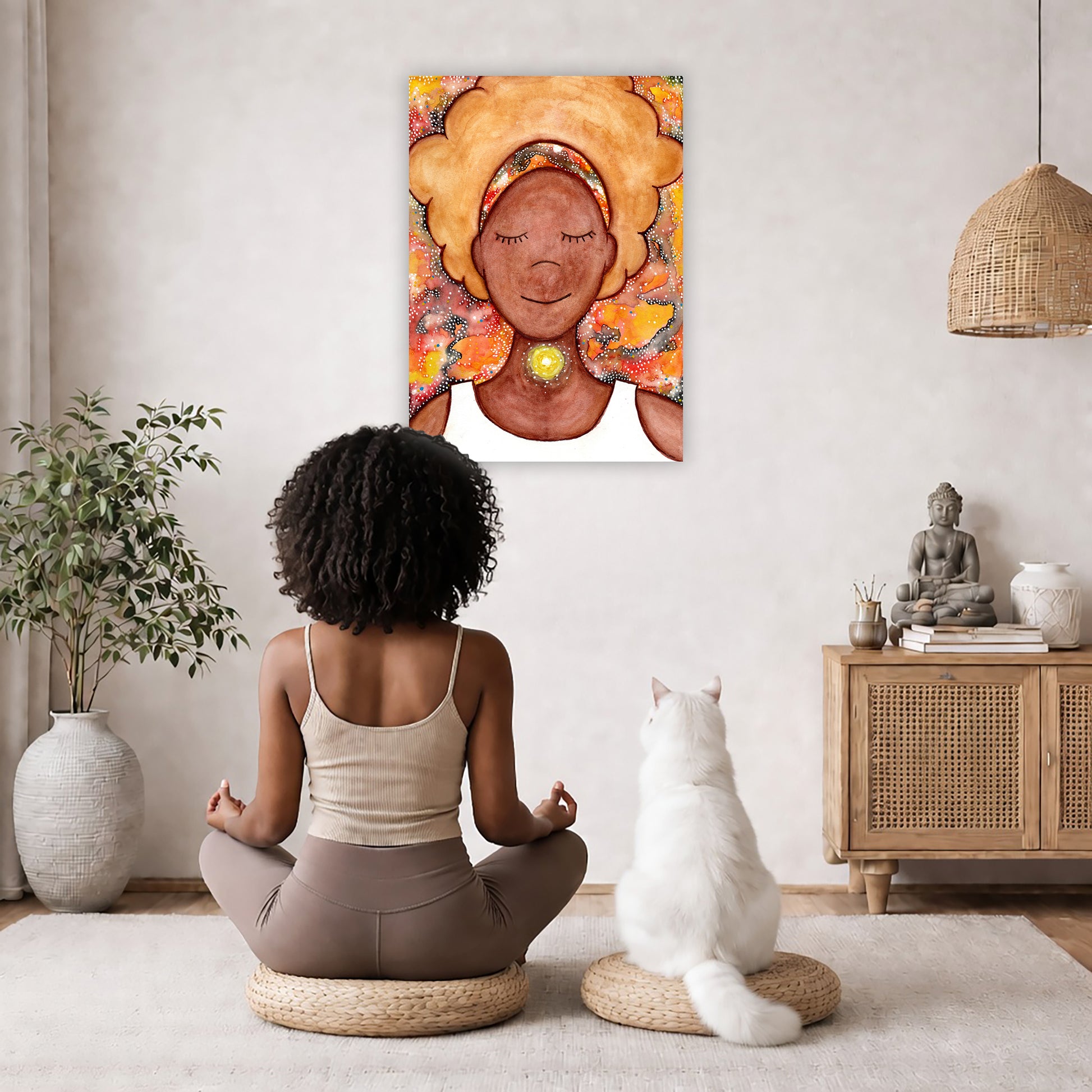 Woman's throat chakra energy glowing canvas. This is a print of the original hand-painted watercolor by Brazilian artist Thaís Suizo from the LET'S MEDITATE SERIES of mediation guides.  The poster is in the center of the living room wall. A woman and a cat are staring up at the poster. There is a potted plant on the left side and a cabinet with a Buddha statue, books and incense on the right side. 