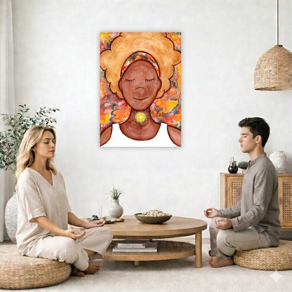 Woman's throat chakra energy glowing canvas. This is a print of the original hand-painted watercolor by Brazilian artist Thaís Suizo from the LET'S MEDITATE SERIES of mediation guides.  The poster is in the center of the living room wall. Two friends are sitting on wicker pillows meditating. Between them is a small round coffee table with incense, a green potted plant and a bowl of shells. There is a potted plant to the left and a Buddha statue and a vase to the right. 