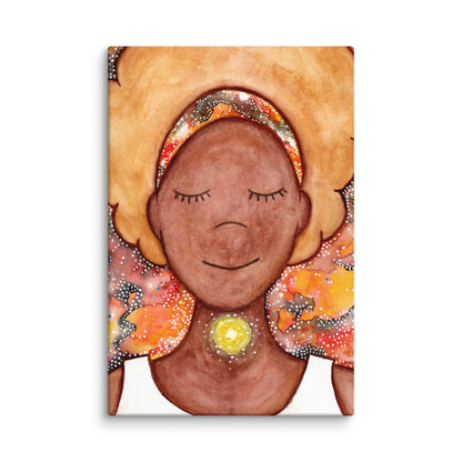Woman's throat chakra energy glowing canvas. This is a print of the original hand-painted watercolor by Brazilian artist Thaís Suizo from the LET'S MEDITATE SERIES of mediation guides.