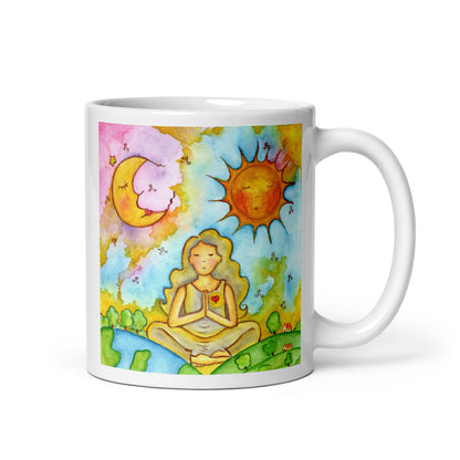 Woman in meditation with sun and moon cosmic design on mug. This illustration is on both sides of the mug. In this image the handle of the mug is on the right side.