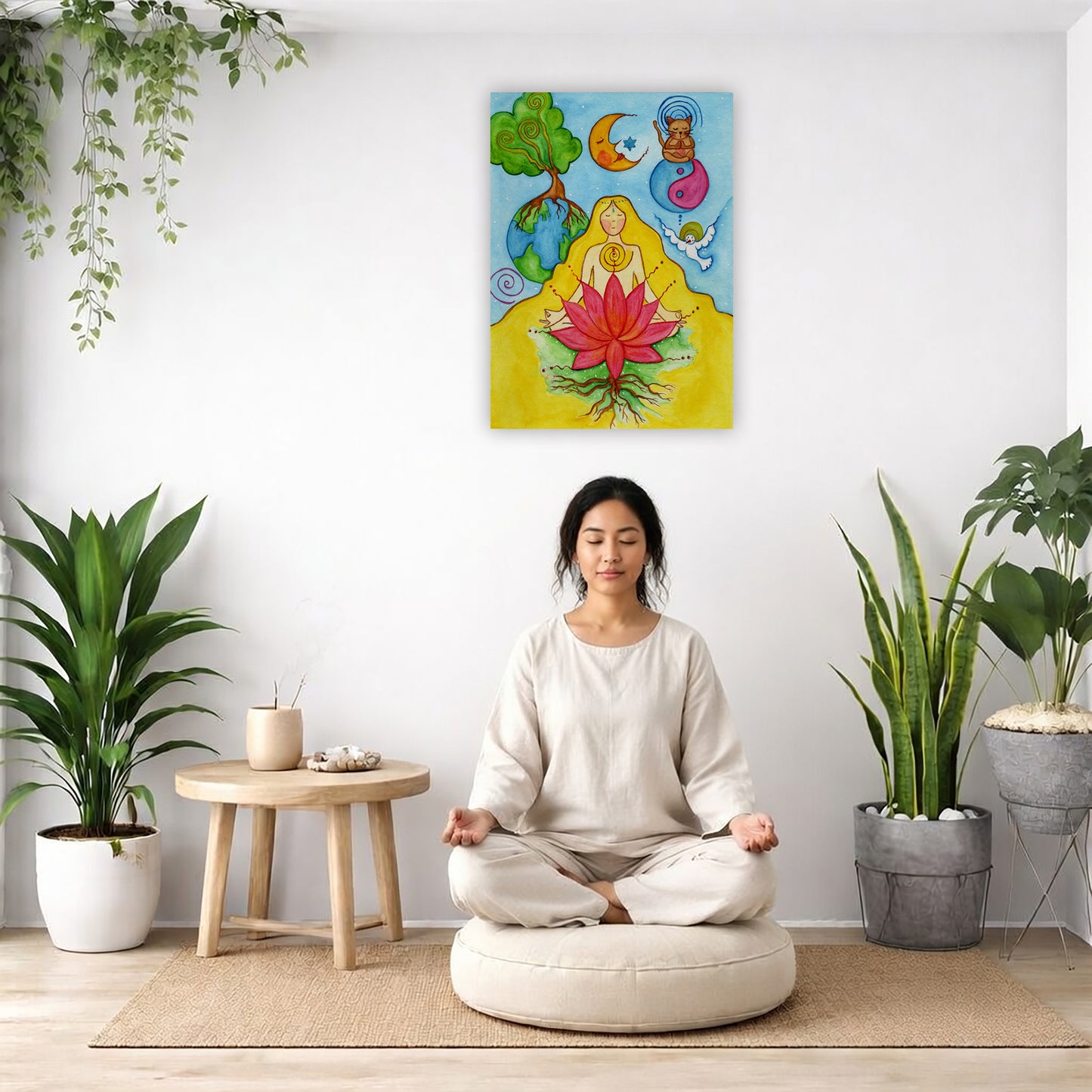 A woman with a glowing heart chakra is meditating on top of a red lotus flower.  This is a canvas print of the original hand-painted watercolor by Brazilian artist Thaís Suizo for the LET'S MEDITATE SERIES of mediation guides.  There is a woman meditating on a pillow facing away from the wall. There is a small table beside her with incense and meditation stones. There are potted plants on the right and left side of the background.
