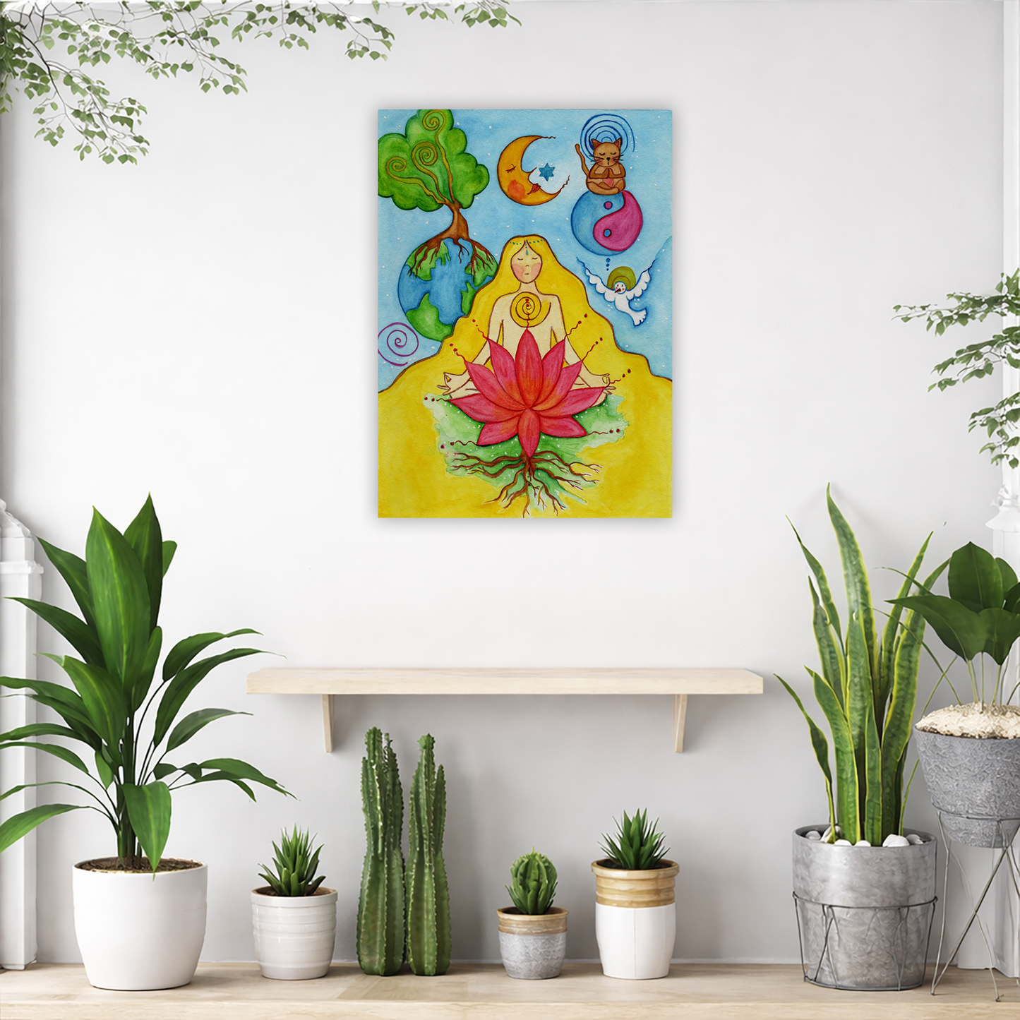 A woman with a glowing heart chakra is meditating on top of a red lotus flower.  This is a canvas print of the original hand-painted watercolor by Brazilian artist Thaís Suizo for the LET'S MEDITATE SERIES of mediation guides. The poster is in the center of the living room wall. Below the poster is an empty bench. Below the bench is a variety of green potted plants including a few cactus.
