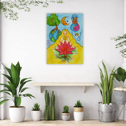 A woman with a glowing heart chakra is meditating on top of a red lotus flower.  This is a canvas print of the original hand-painted watercolor by Brazilian artist Thaís Suizo for the LET'S MEDITATE SERIES of mediation guides. The poster is in the center of the living room wall. Below the poster is an empty bench. Below the bench is a variety of green potted plants including a few cactus.

