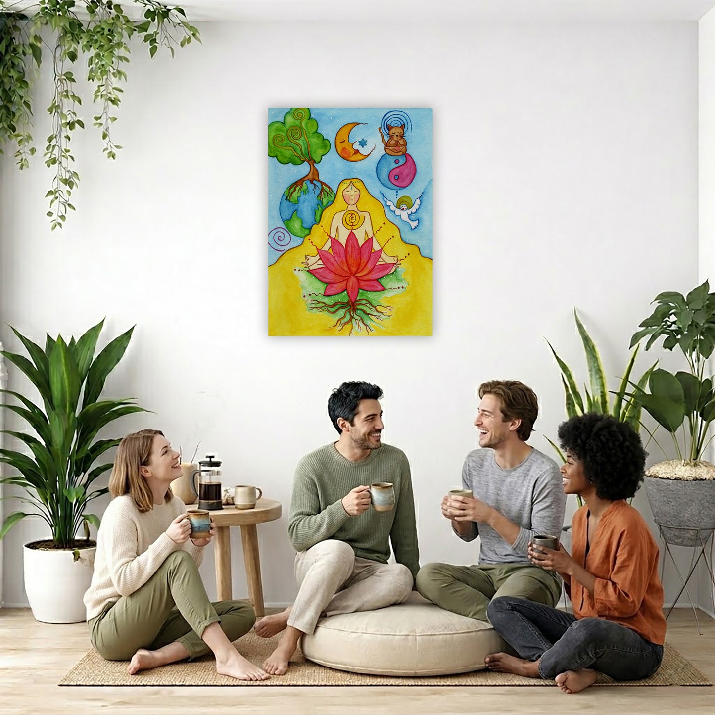 A woman with a glowing heart chakra is meditating on top of a red lotus flower.  This is a canvas print of the original hand-painted watercolor by Brazilian artist Thaís Suizo for the LET'S MEDITATE SERIES of mediation guides. The poster is in the center of the living room wall. Four friends are sitting on the living room carpet below the poster. They are drinking coffee. To the left is a green floor plant and a hanging green plant. To the right of them is a green floor plant.
