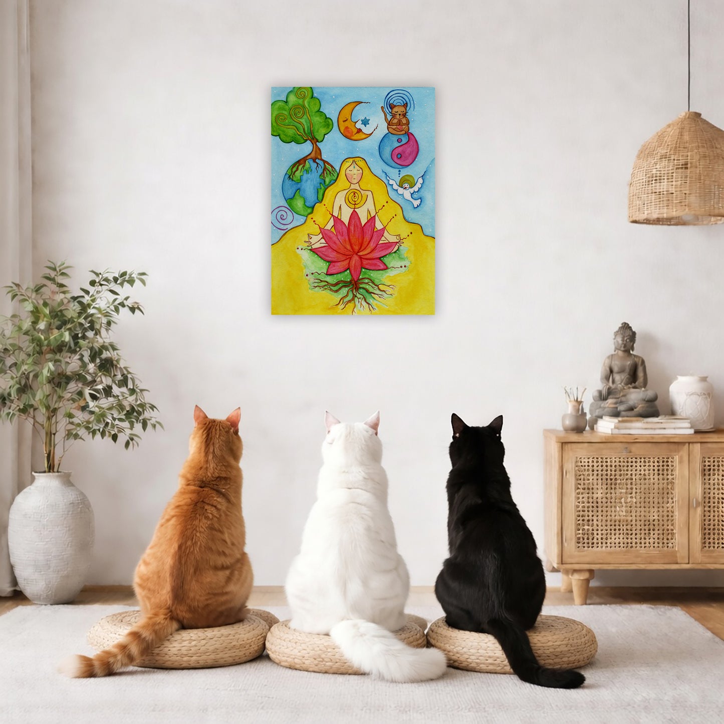 A woman with a glowing heart chakra is meditating on top of a red lotus flower.  This is a canvas print of the original hand-painted watercolor by Brazilian artist Thaís Suizo for the LET'S MEDITATE SERIES of mediation guides.  Three friends are sitting on wicker pillows meditating in a living room. The poster framed is on the wall behind them. The table behind them has a Buddha statue and a lit candle. There is a white curtain to the left and a hanging lamp and a potted green plant on the right.