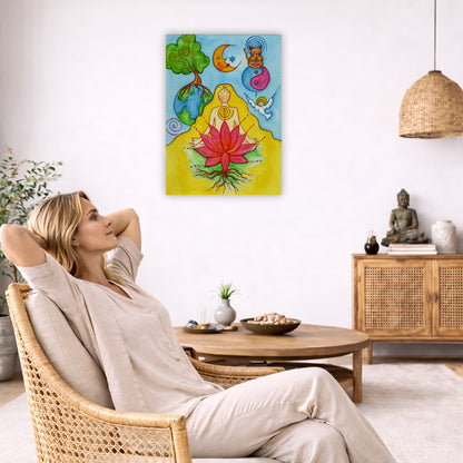 A woman with a glowing heart chakra is meditating on top of a red lotus flower.  This is a canvas print of the original hand-painted watercolor by Brazilian artist Thaís Suizo for the LET'S MEDITATE SERIES of mediation guides. The poster is in the center of the living room wall. To the left a woman is relaxing in her chair with her hands behind her head. There is a small coffee table beside her with a bowl of walnuts, incense and a small green plant. On the right side of the room is a cabinet with a Buddha 