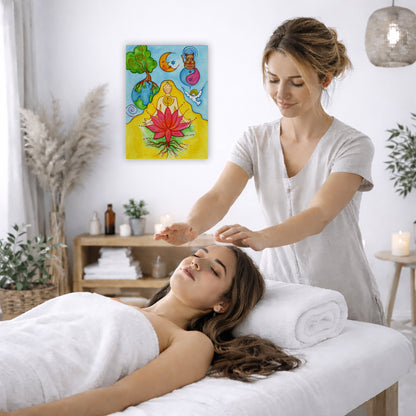 A woman with a glowing heart chakra is meditating on top of a red lotus flower.  This is a canvas print of the original hand-painted watercolor by Brazilian artist Thaís Suizo for the LET'S MEDITATE SERIES of mediation guides. The poster is on the wall of the office of a massage therapist. The therapist is giving her female client a massage. The client is lying face up on a massage table wearing a white towel. To the left is a window, floor plant and large vase of dry flora. A shelf is underneath the poster