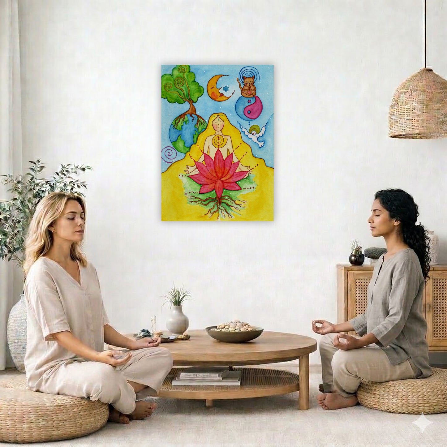 A woman with a glowing heart chakra is meditating on top of a red lotus flower.  This is a canvas print of the original hand-painted watercolor by Brazilian artist Thaís Suizo for the LET'S MEDITATE SERIES of mediation guides. The canvas is in the center of the living room wall. Two women are sitting on wicker pillows meditating. Behind them is a small round coffee table with incense, a green potted plant and a bowl of shells. There is a potted plant to the left and a Buddha statue and a vase to the right. 