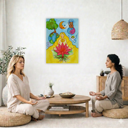A woman with a glowing heart chakra is meditating on top of a red lotus flower.  This is a canvas print of the original hand-painted watercolor by Brazilian artist Thaís Suizo for the LET'S MEDITATE SERIES of mediation guides. The canvas is in the center of the living room wall. Two women are sitting on wicker pillows meditating. Behind them is a small round coffee table with incense, a green potted plant and a bowl of shells. There is a potted plant to the left and a Buddha statue and a vase to the right. 
