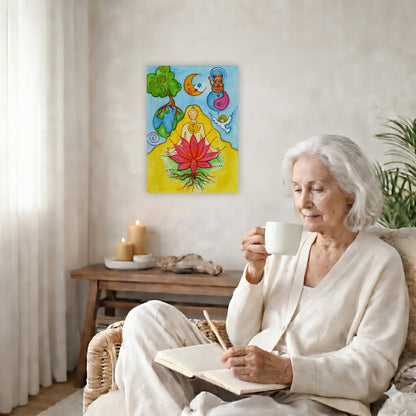 A woman with a glowing heart chakra is meditating on top of a red lotus flower.  This is a canvas print of the original hand-painted watercolor by Brazilian artist Thaís Suizo for the LET'S MEDITATE SERIES of mediation guides.  The poster is in the center of the living room wall. There is a coffee table below the poster with burning candles. A woman is sitting in a wicker chair on the right side of the poster with a cup of tea writing in her journal.
