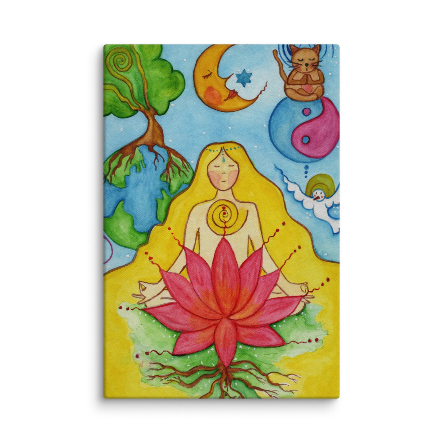 A woman with a glowing heart chakra is meditating on top of a red lotus flower underneath the moon.  This is a canvas print of the original hand-painted watercolor by Brazilian artist Thaís Suizo for the LET'S MEDITATE SERIES of mediation guides. 