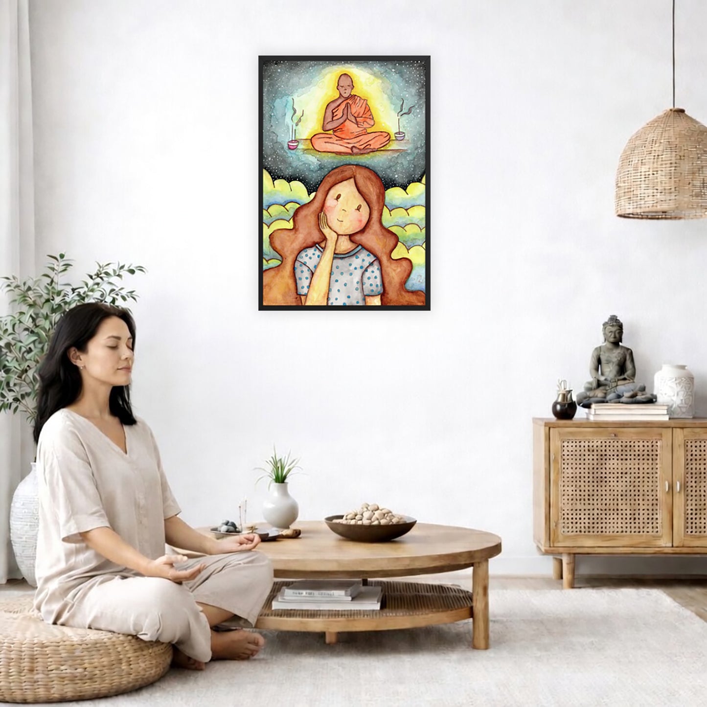 Framed print of a young woman wondering about taking up meditation as a Buddhist monk hovers above her on a higher level. The print is by Brazilian illustrator Thaís Suizo created for the LET'S MEDITATE series.  The poster is in the center of the living room wall. A woman is on a chair on the left side of his living room meditating. There is a green potted plant behind her. On the right side is a cabinet with a Buddha statue on it.