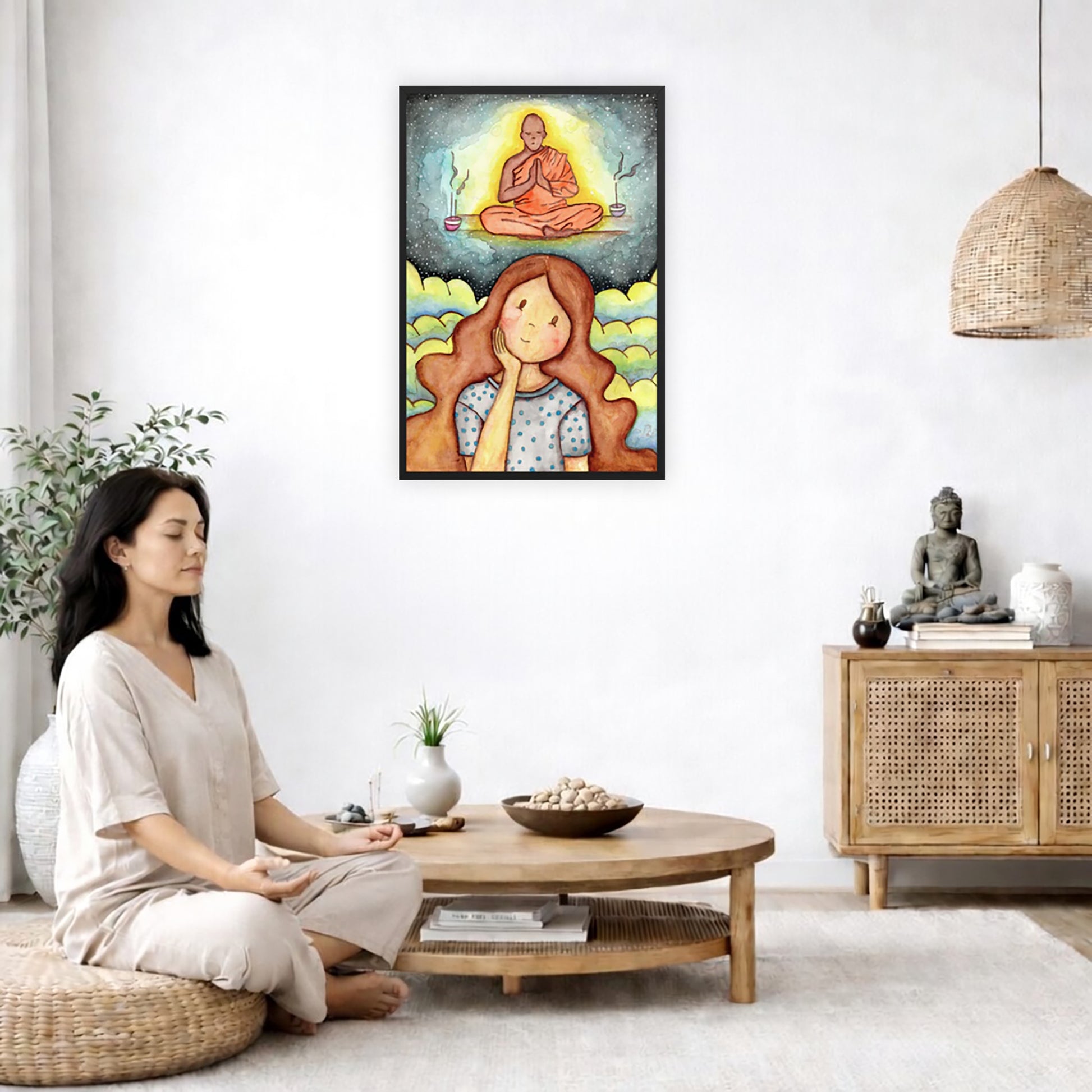 Framed print of a young woman wondering about taking up meditation as a Buddhist monk hovers above her on a higher level. The print is by Brazilian illustrator Thaís Suizo created for the LET'S MEDITATE series.  The poster is in the center of the living room wall. A woman is on a chair on the left side of his living room meditating. There is a green potted plant behind her. On the right side is a cabinet with a Buddha statue on it.