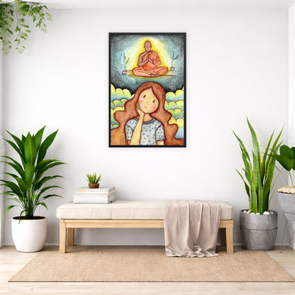 Framed print of a young woman wondering about taking up meditation as a Buddhist monk hovers above her on a higher level. The print is by Brazilian illustrator Thaís Suizo created for the LET'S MEDITATE series. The poster is in the center of the living room wall. Below the poster is a padded bench. On the bench is a pile of books and a small green potted plant. There is a silk sheet draped over the bench. There is a green hanging plant and floor plant on the left. There are two floor plants on the right.