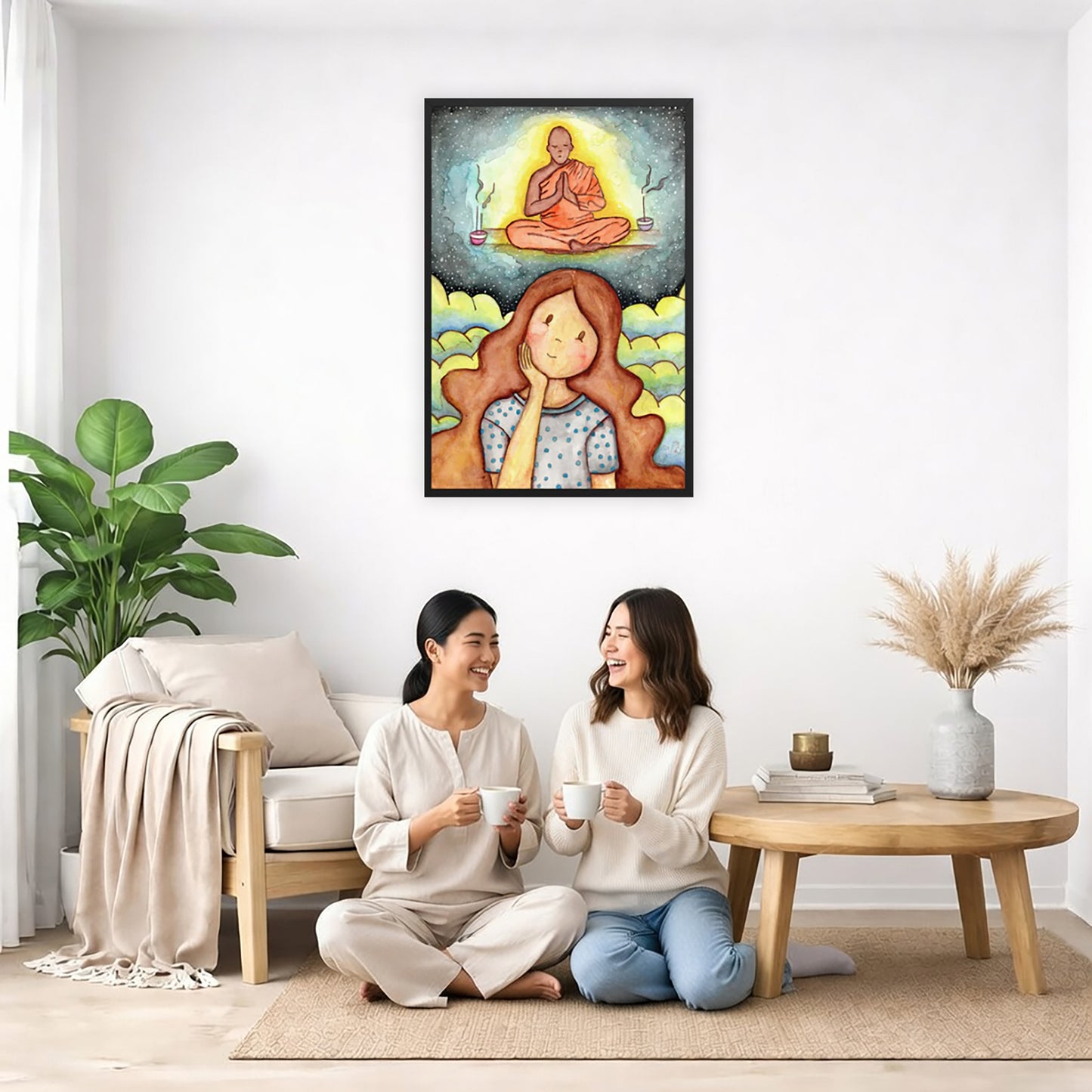 Framed print of a young woman wondering about taking up meditation as a Buddhist monk hovers above her on a higher level. The print is by Brazilian illustrator Thaís Suizo created for the LET'S MEDITATE series. The poster is in the center of the living room wall. Two friends are sitting on the living room carpet having a coffee. Beside them is a small tray with a pot of coffee, cookies and a candle burning. To the left is a green floor plant and a hanging green plant. To the right of them is a green floor p