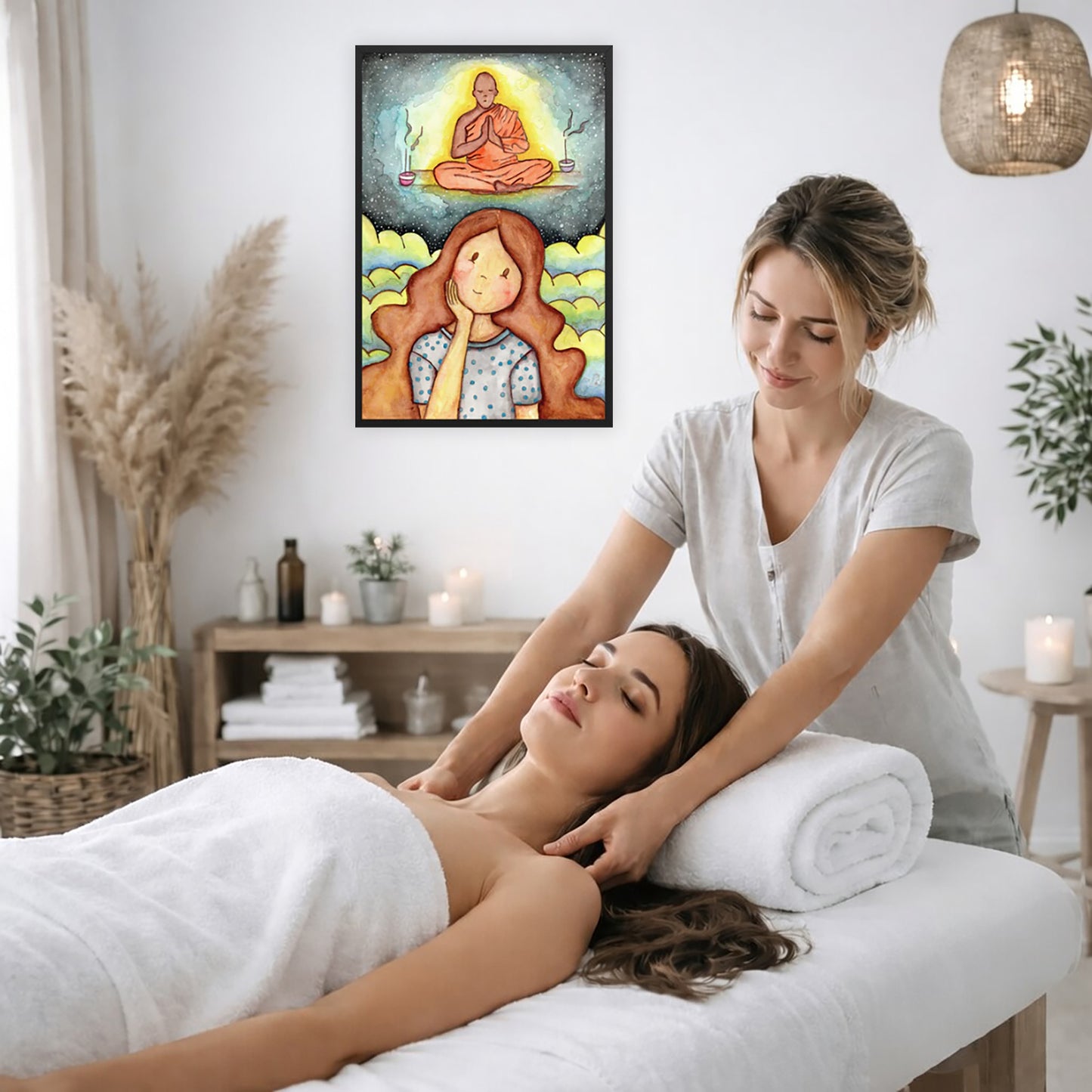Framed print of a young woman wondering about taking up meditation as a Buddhist monk hovers above her on a higher level. The print is by Brazilian illustrator Thaís Suizo created for the LET'S MEDITATE series.  The poster is on the wall of the office of a massage therapist. The therapist is giving her female client a massage. The client is lying face up on a massage table wearing a white towel. To the left is a window, floor plant and large vase of dry flora. A shelf is underneath the poster with candles.