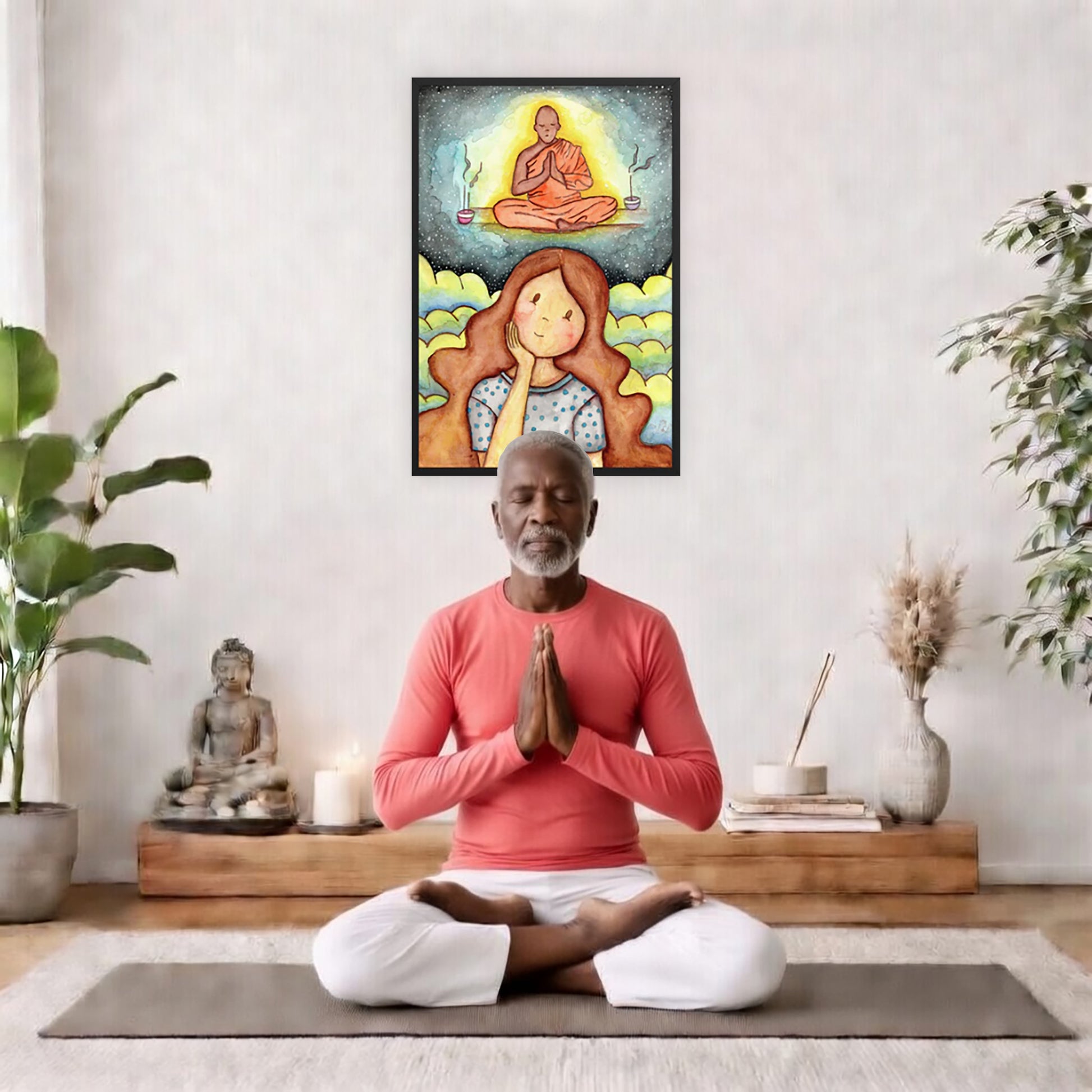 Framed print of a young woman wondering about taking up meditation as a Buddhist monk hovers above her on a higher level. The print is by Brazilian illustrator Thaís Suizo created for the LET'S MEDITATE series.  The poster is in the center of the living room wall. There is a man meditating facing away from the wall. Behind him is a coffee table with incense and a Buddha statue. There are potted plants on the right and left side of the background.
