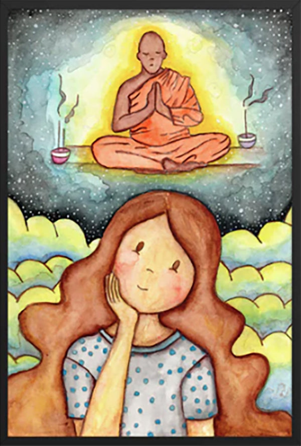Framed poster of a young woman wondering about taking up meditation as a Buddhist monk hovers above her on a higher level. The print is by Brazilian illustrator Thaís Suizo created for the LET'S MEDITATE series. 