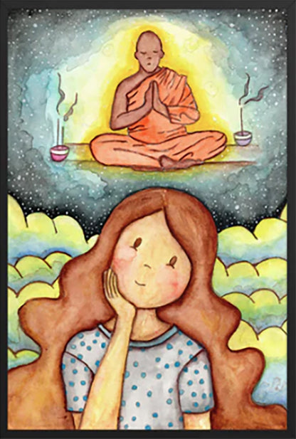 Framed poster of a young woman wondering about taking up meditation as a Buddhist monk hovers above her on a higher level. The print is by Brazilian illustrator Thaís Suizo created for the LET'S MEDITATE series. 