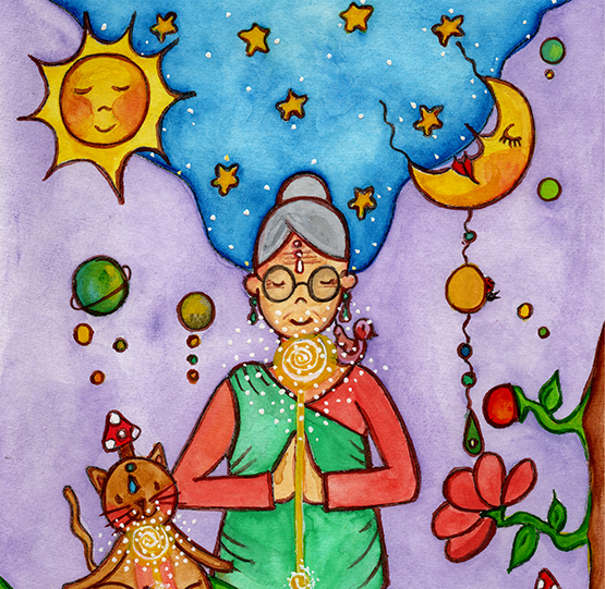 Woman and her cat meditating under sun and moon, peaceful scene representing harmony, balance and connection, spiritual coffee mug design.  This is a print of the original illustration by Brazilian artist Thaís Suizo.